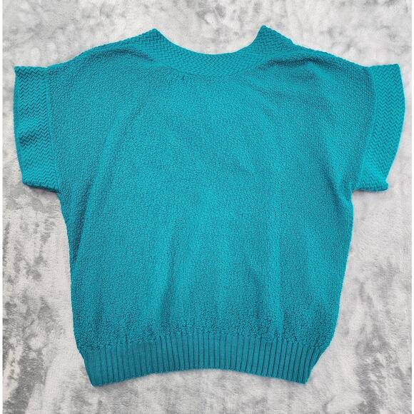 Vintage Adele Knitwear Sweater Womens M Blue Reversible V-Neck Bow Short Sleeves - Picture 1 of 8